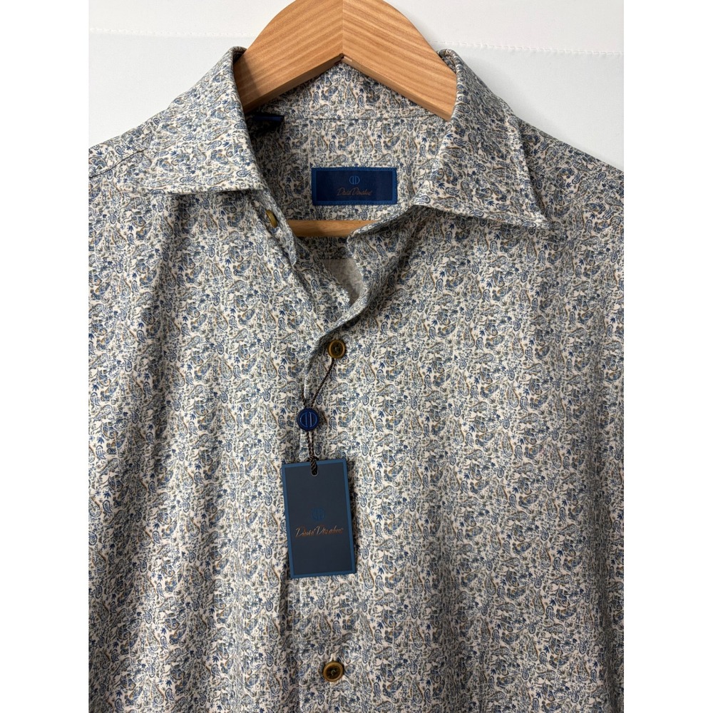David Donahue Paisley Button Down Dress Shirt Mens M Sage Blue Career Event NEW